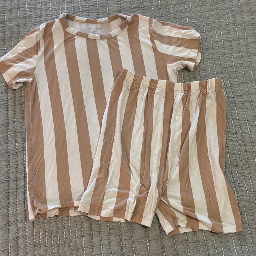 Forever French Striped Tan and White Kids Bamboo Pajama Set Sz 8-9